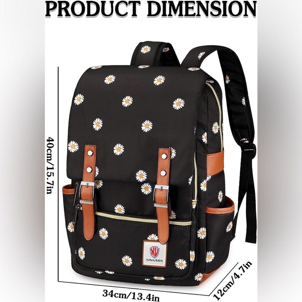 Xinveen Black with Daisies Slim Vintage Laptop Backpack - New - Picture 9 of 10